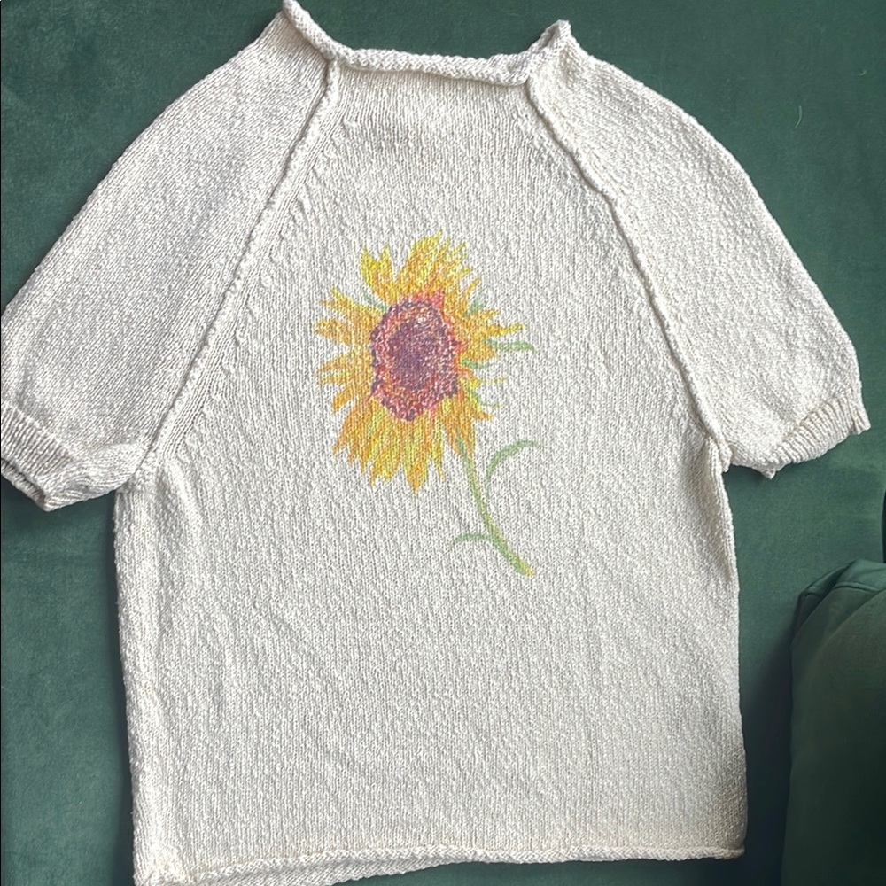 Cream Pilcro Knit Top with Sunflower Design